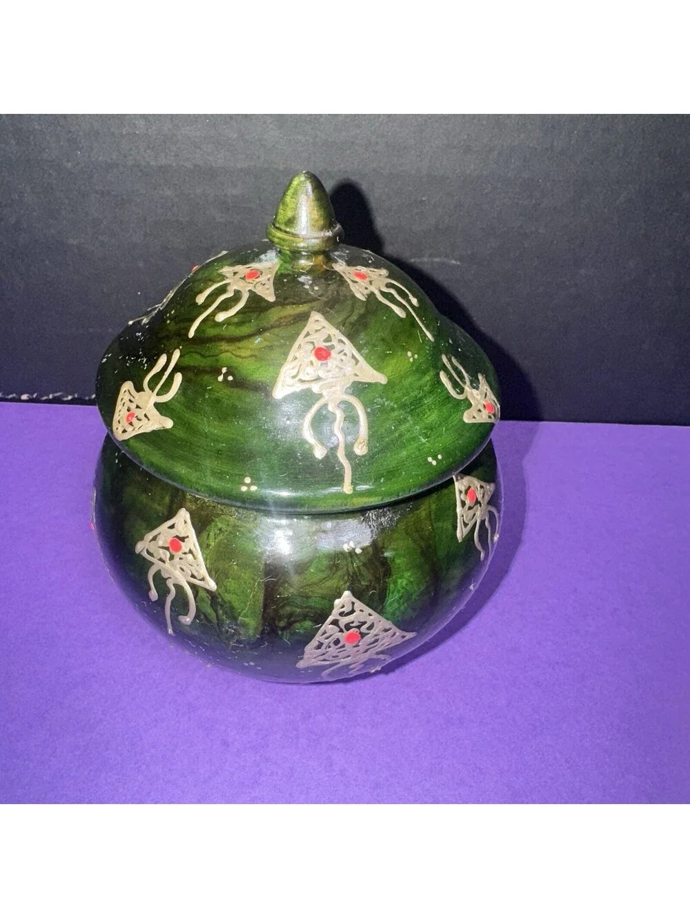 Vtg. Hand Painted Green Wooden Lidded Jar Apothecary Trinket Box Folk Art 4.5”